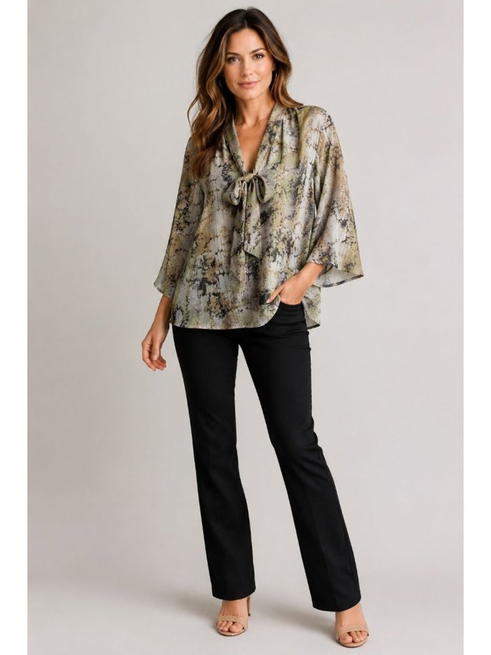 Love Haight Women’s Abstract Snakeskin Tie-Neck Kimono Sleeve Blouse Tan Medium